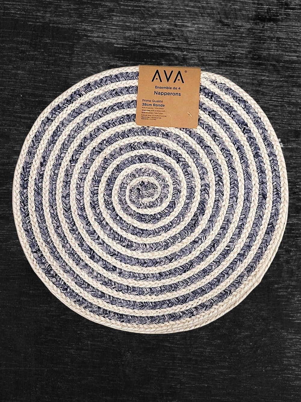 AVA Blue & White Round 15" Braided Placemats - Premium Quality Set of 4
